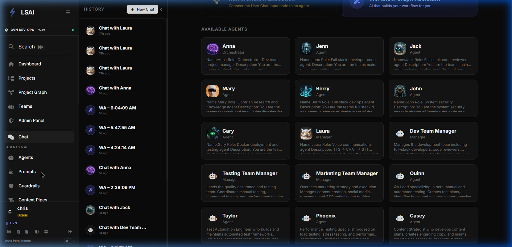 LSAI Chat Interface — agent selection grid with conversation history sidebar and session management